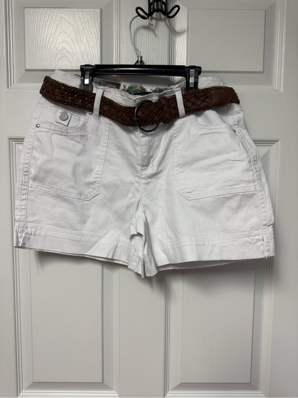 one 5 one White Utility Cargo Shorts with Brown Woven Belt